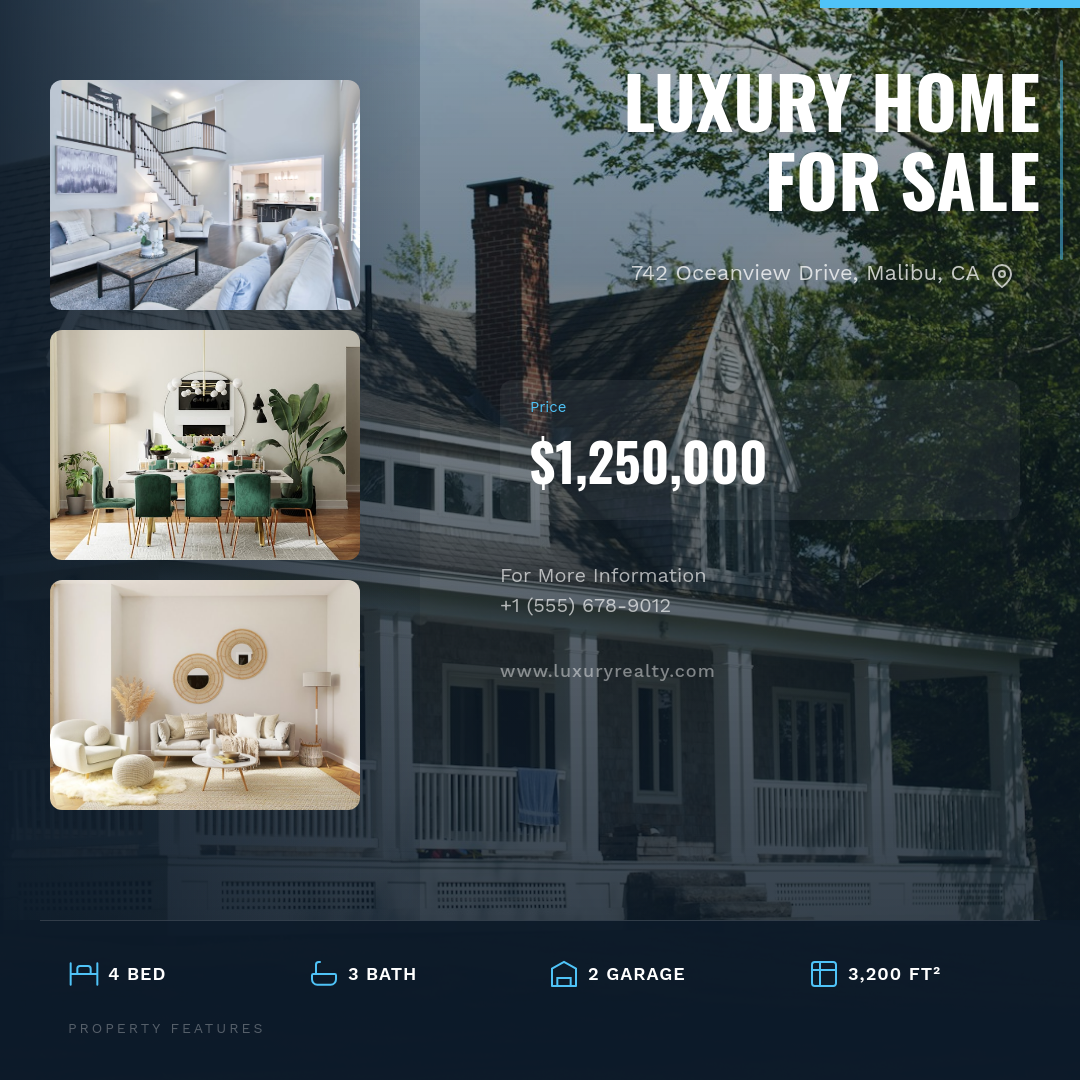 Dark Overlay Luxury Property Listing with Gallery Stack and Specs Bar