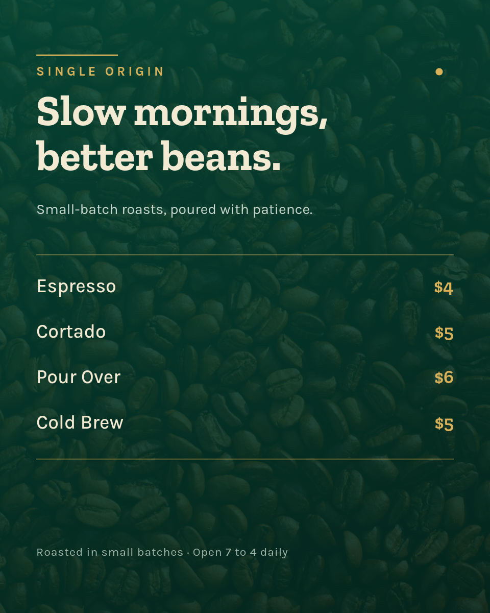 Specialty Coffee Menu Card — Emerald & Brushed Gold