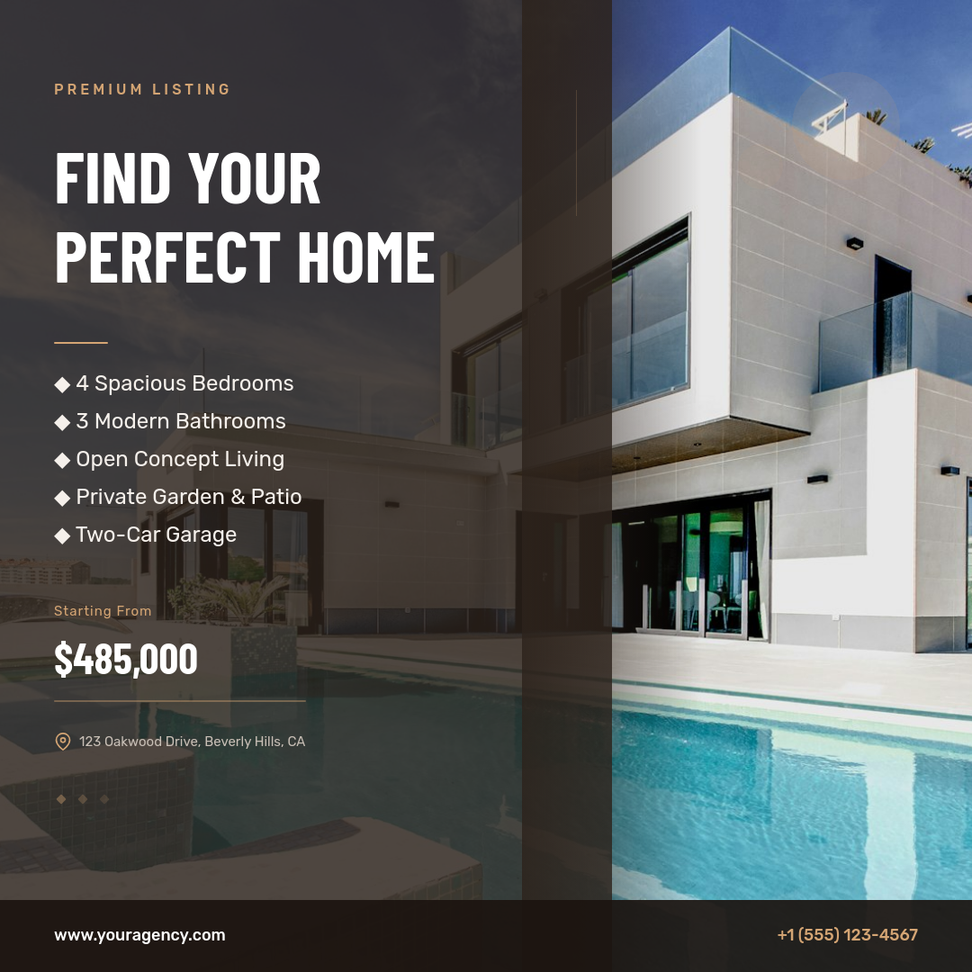 Bold Property Listing with Warm Overlay Panel and Feature Specs