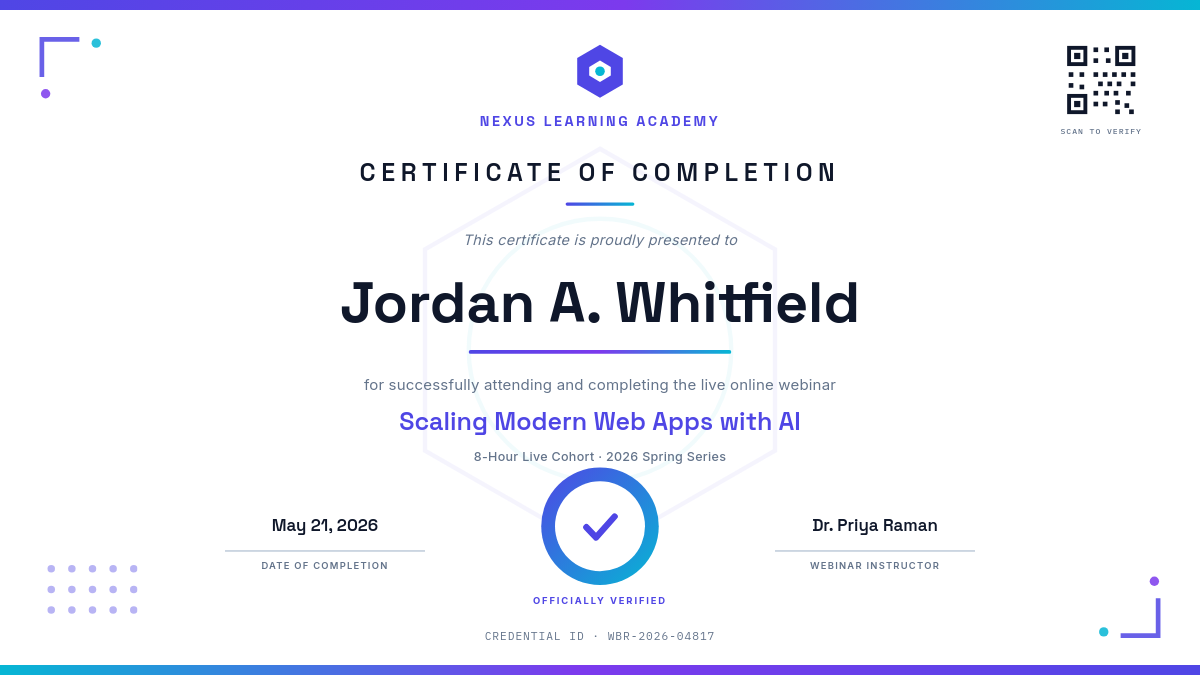 Tech-Forward Webinar Completion Certificate with QR Verification