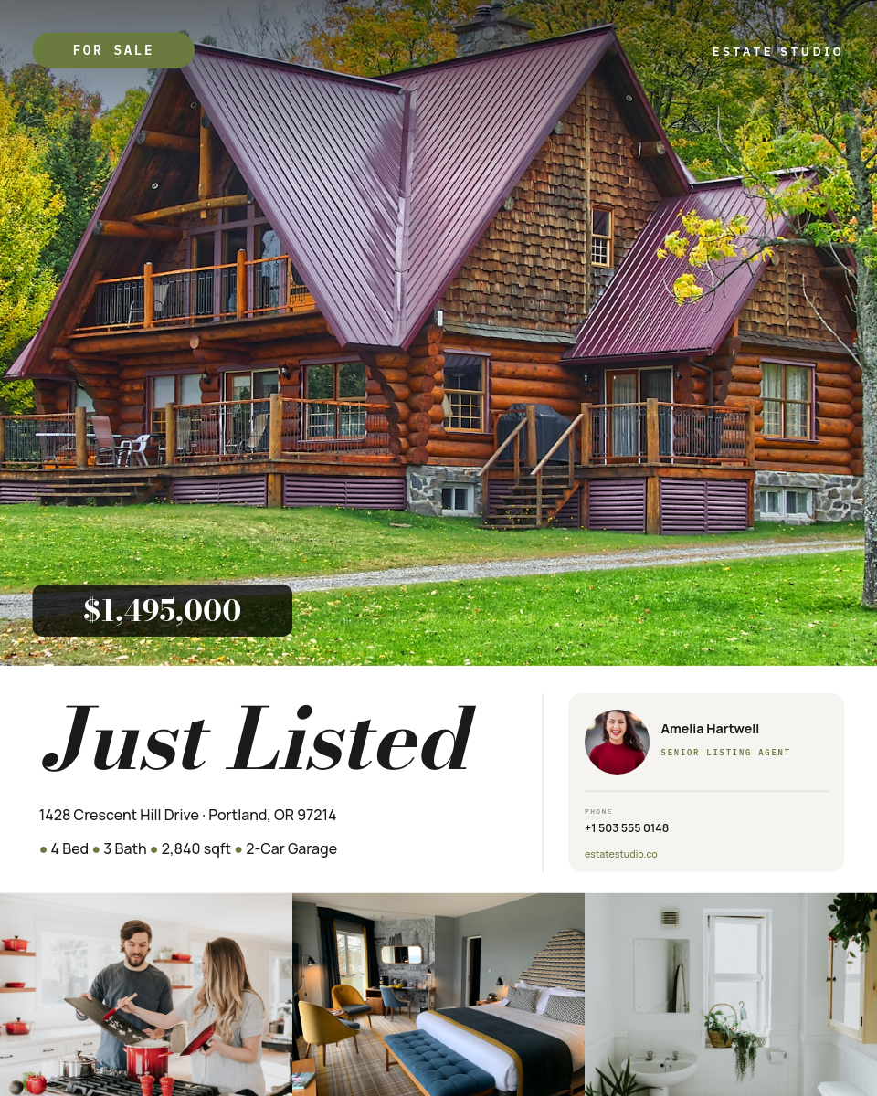 Crisp White and Olive Just Listed Modern Real Estate Instagram 4:5 Post with Bodoni Moda Italic Headline, FOR SALE Pill, Agent Card with Portrait and Interior Photo Strip Footer