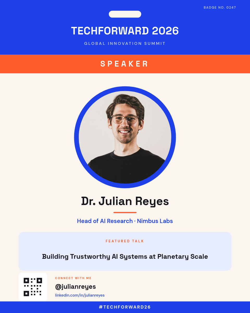 Cobalt & Coral Conference Speaker Badge with Headshot & QR