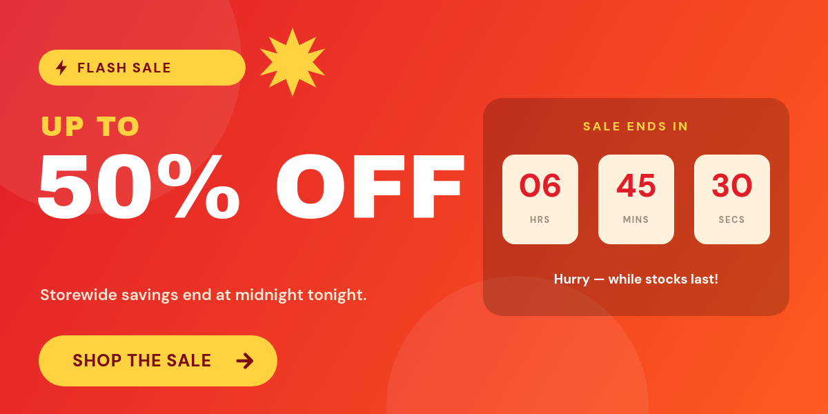 Bold Red Flash Sale Email Banner with Countdown Timer Boxes