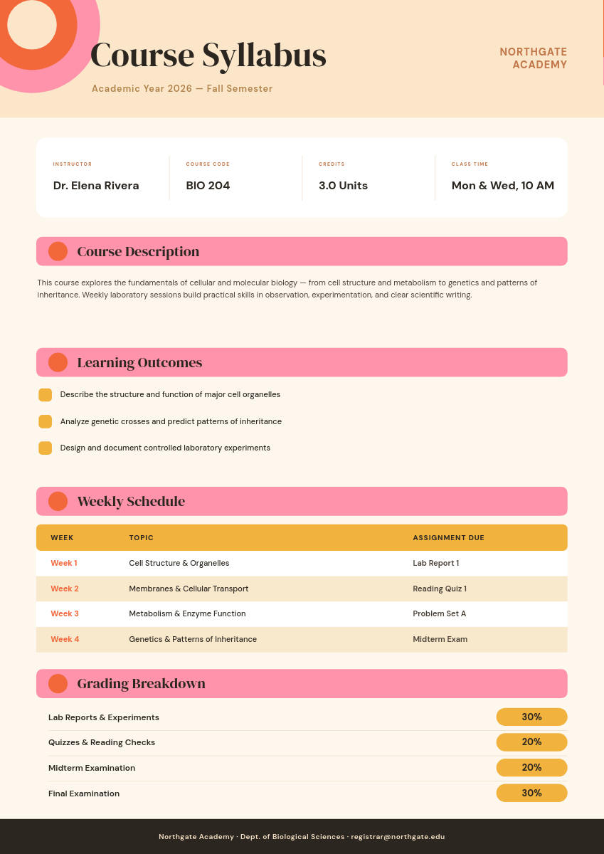 Warm Coral & Pink Course Syllabus A4 Document