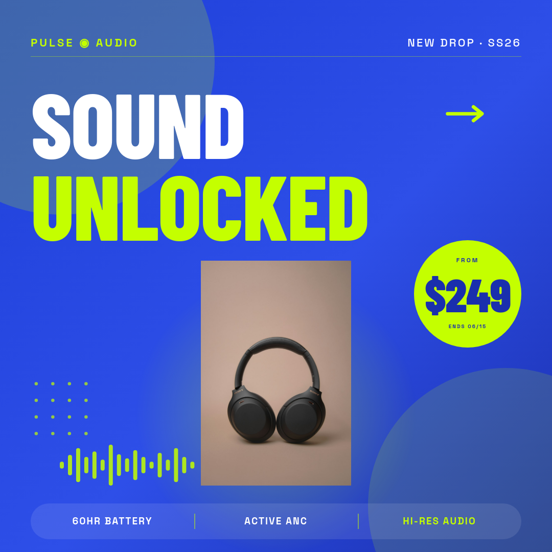 Vibrant Cobalt & Chartreuse Wireless Headphones New Drop Square Ad