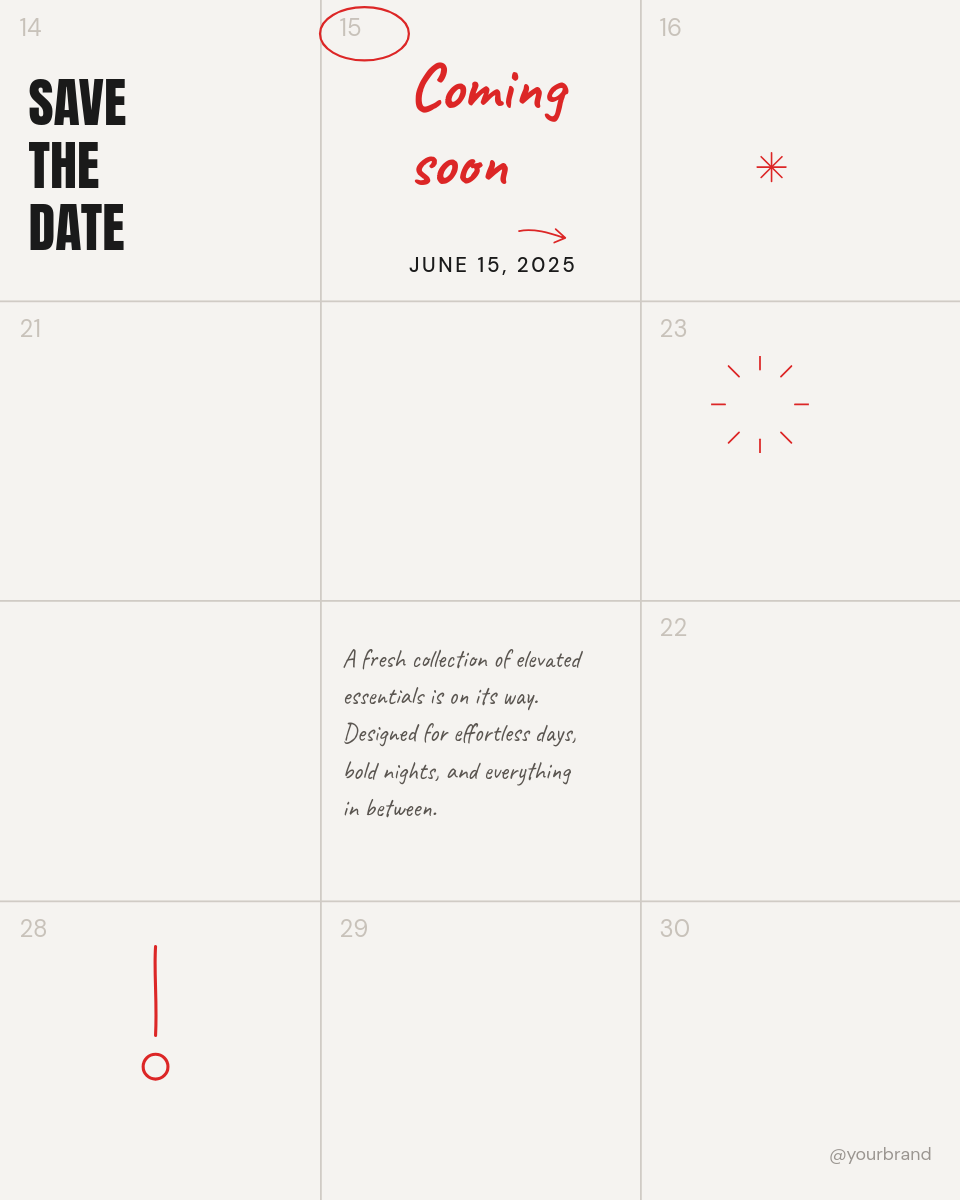 Calendar Grid Save the Date Announcement with Hand-Drawn Red Accents