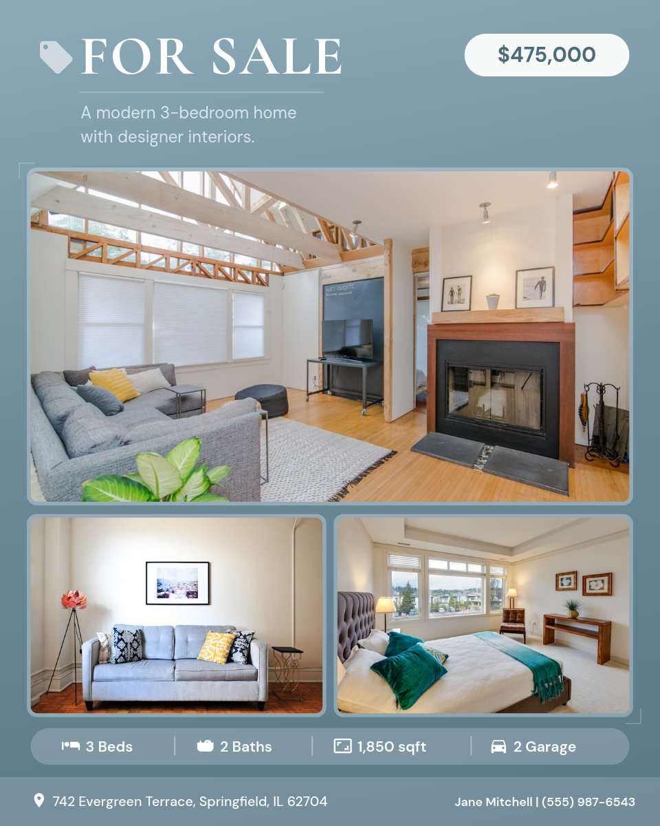 Dusty Blue Multi-Photo Property Listing with Serif Headline and Price Badge