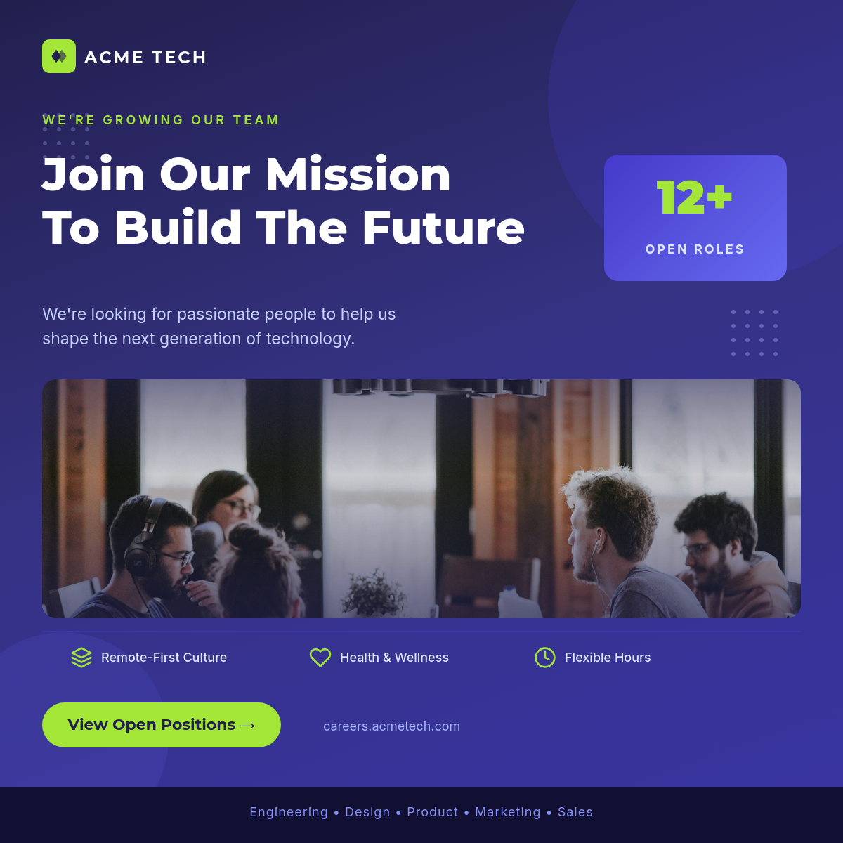 Tech Startup Hiring Campaign — Indigo Gradient with Team Photo