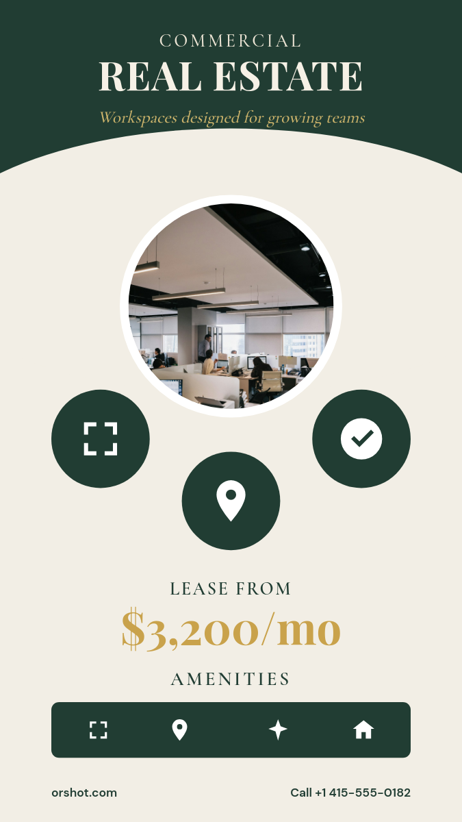 Minimalist Commercial Real Estate Story — Arched Hero, Emerald & Gold
