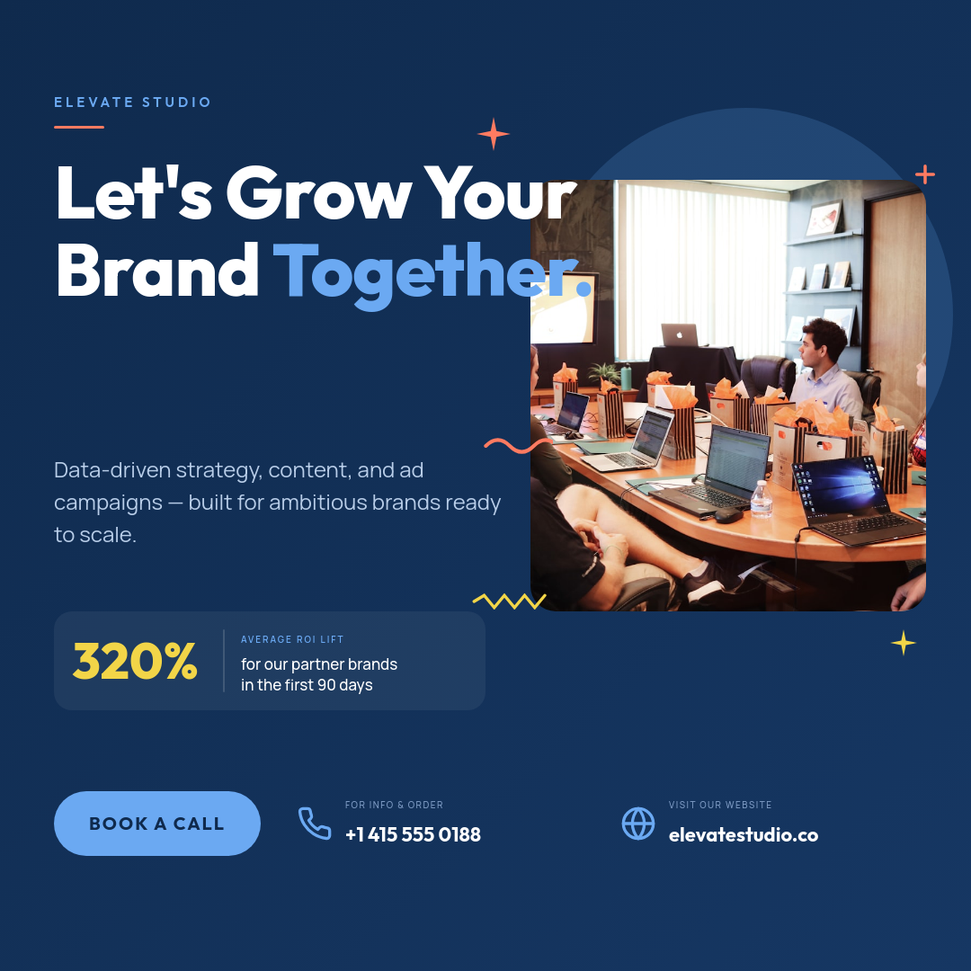 Midnight Navy Digital Marketing Agency Instagram Service Ad with Outfit Stacked Headline, Coral Confetti Accents and Light Blue CTA Pill