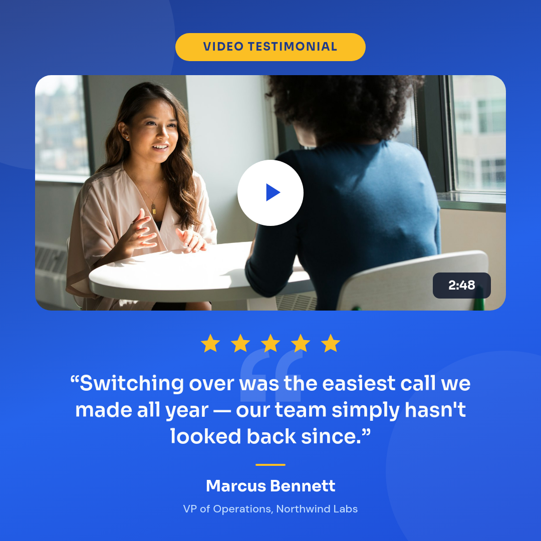 Bold Cobalt Video Testimonial Card with Play Button