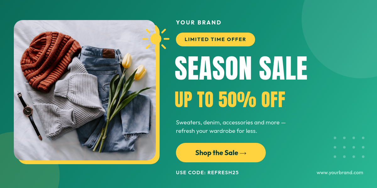 Vibrant Teal Season Sale Promo Email Banner