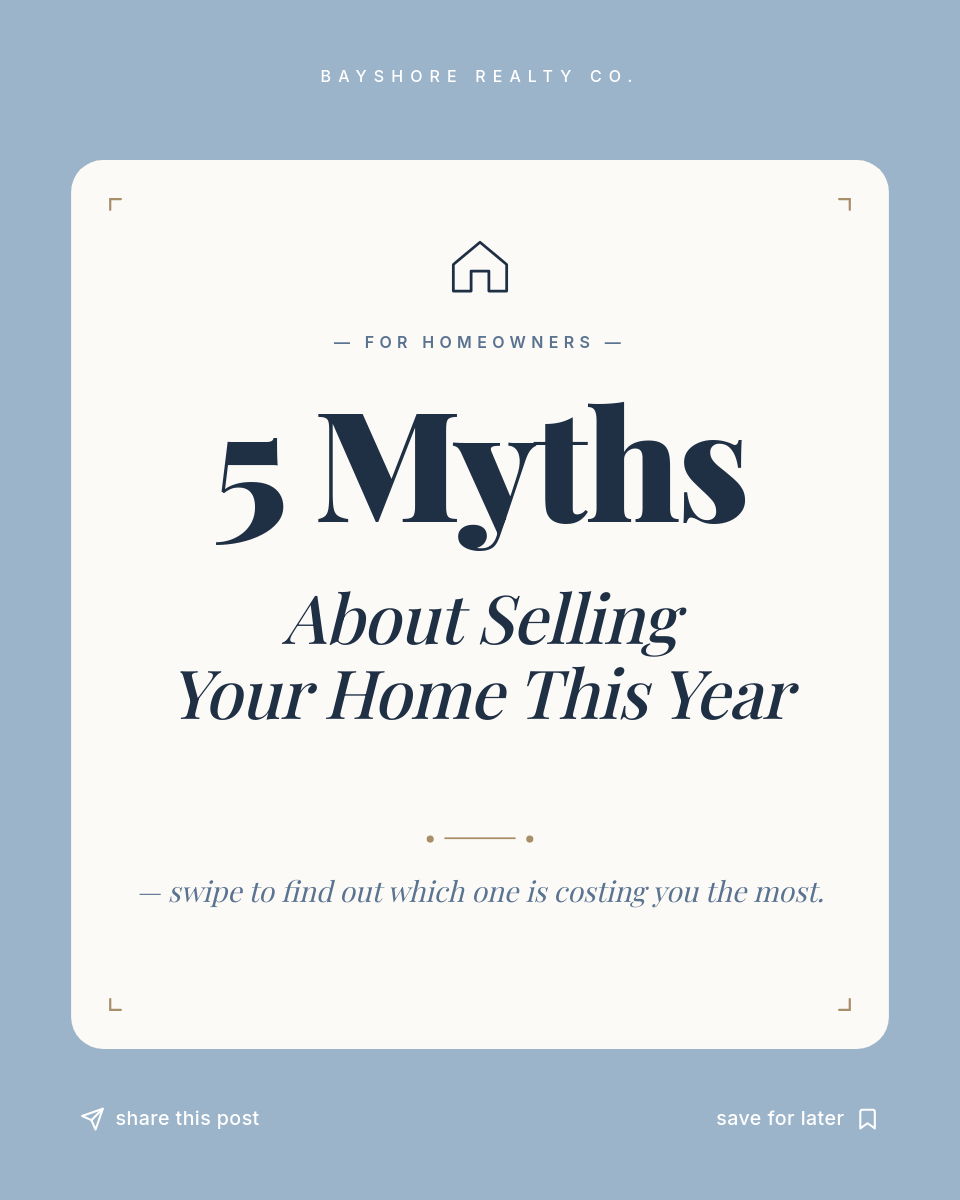 Dusty Blue Editorial 5 Myths Real Estate Educational Instagram Post 4:5 with White Rounded Card, Mixed Serif Bold and Italic Headline, House Icon and Share or Save Footer Icons