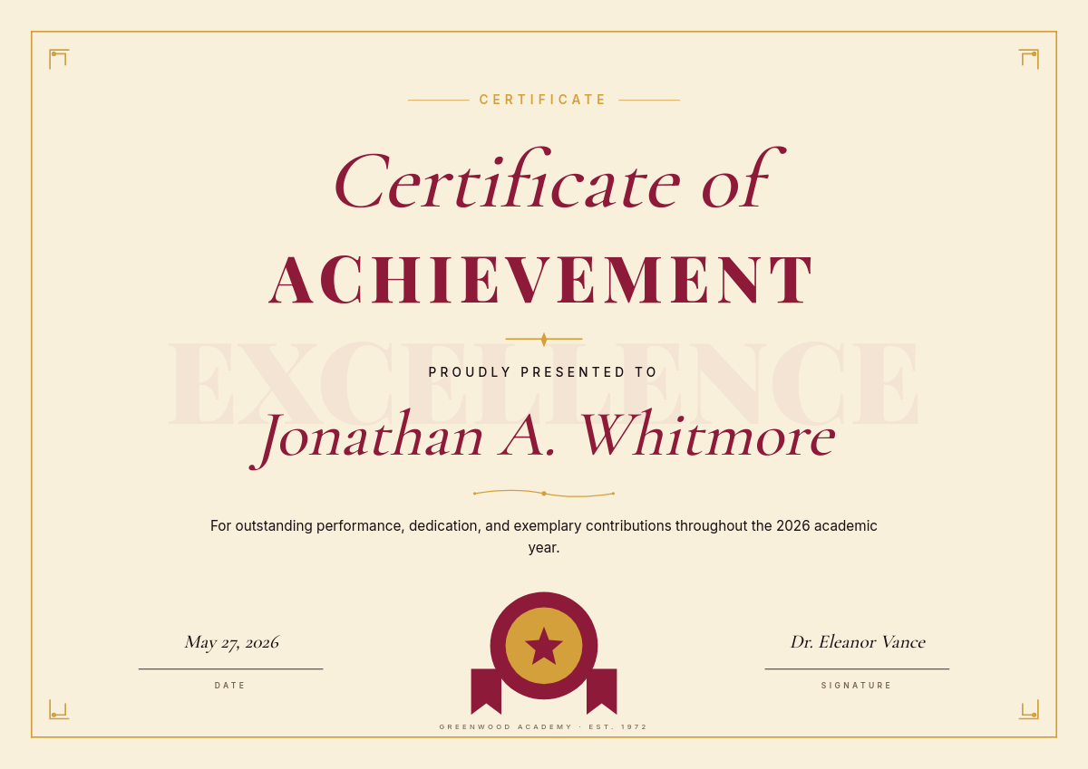 Ruby & Gold Classic Certificate of Achievement A4 Landscape with Italic Serif Recipient Line