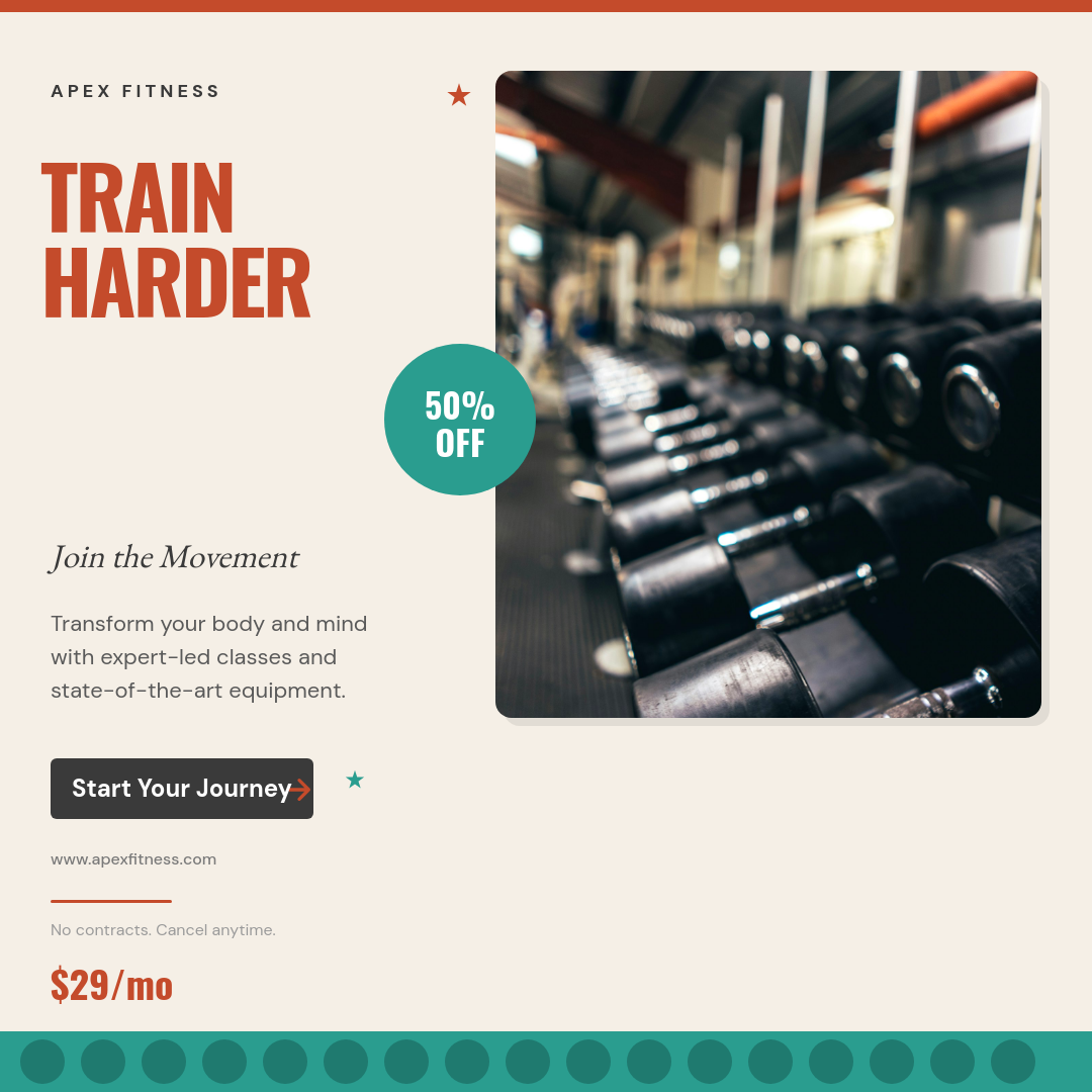 Cream Poster-Style Gym Membership Ad with Bold Condensed Headline and Teal Badge