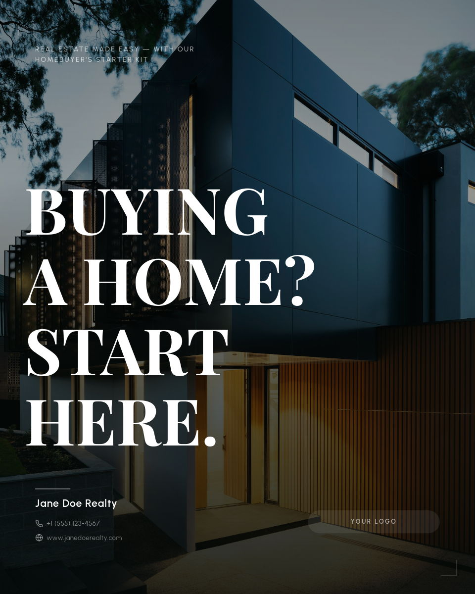Dark Moody Homebuyer Guide Post with Giant Serif Headline Overlay and Property Photo