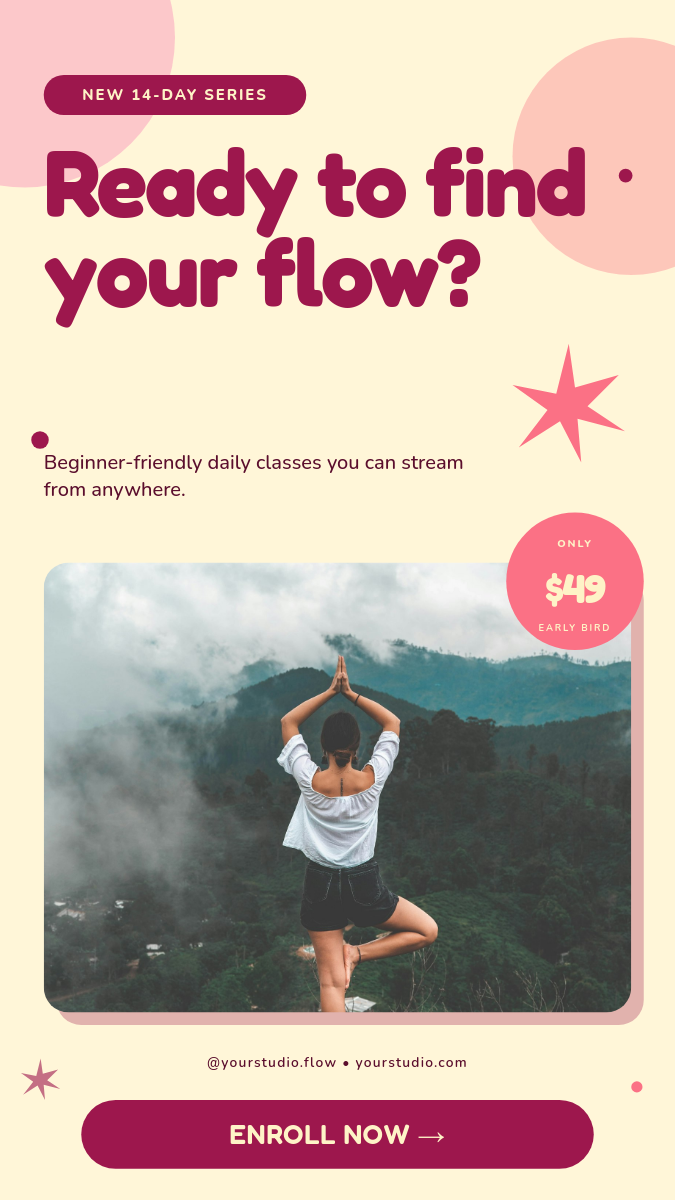Vibrant Magenta Find Your Flow Yoga Class Story Ad with Chunky Display Type
