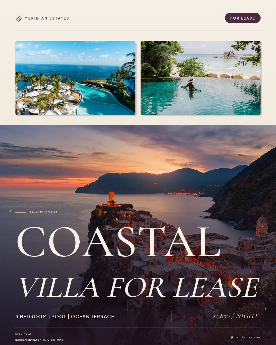 Moody Plum Coastal Villa For Lease Instagram Post 4:5 with Cormorant Garamond Serif Display Headline Overlapping Hero Photo Dual Photo Card Header and Champagne Spec Row