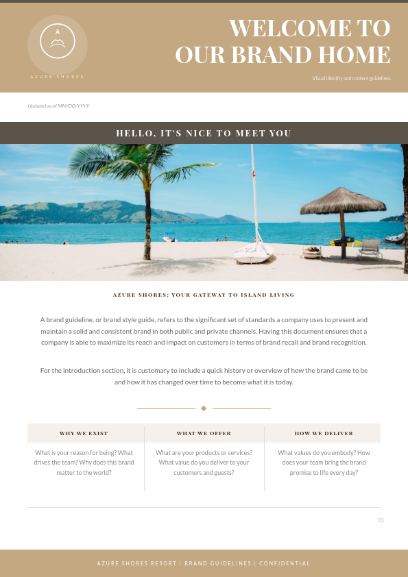 Resort Brand Guidelines Cover Page with Beach Hero Photo and Three-Column Values Section
