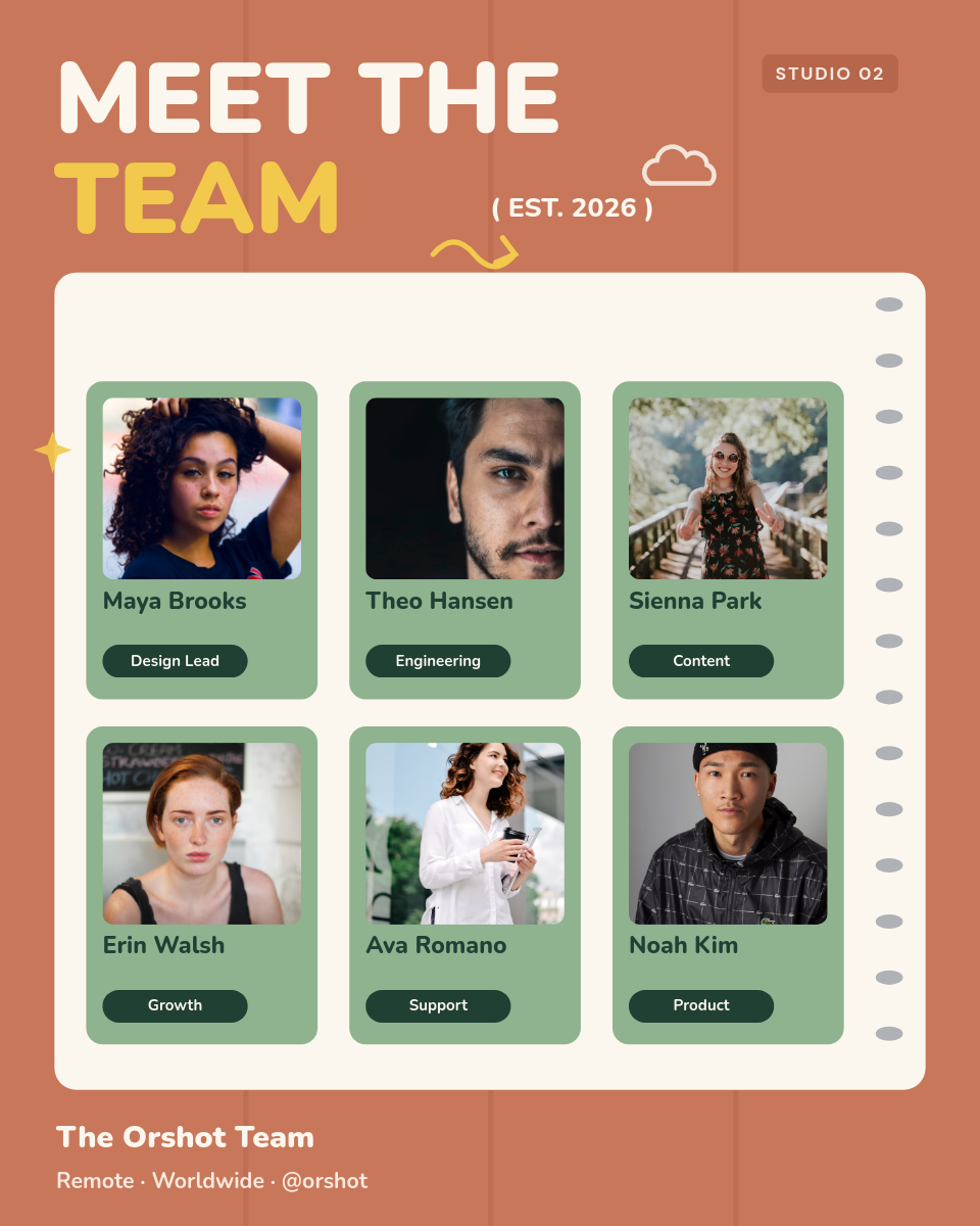 Meet the Team Grid — Warm Spiral-Notebook Roster with Photo Cards