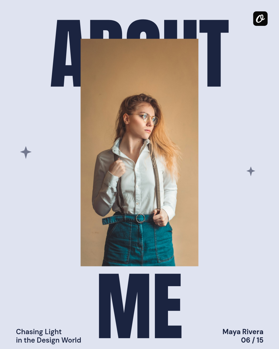 About Me — Oversized Condensed Type Behind Standing Portrait