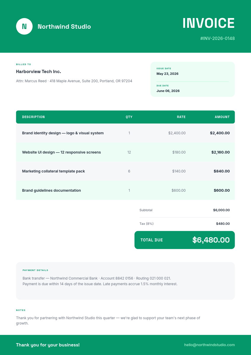 Modern Emerald Green Service Invoice with Itemized Table
