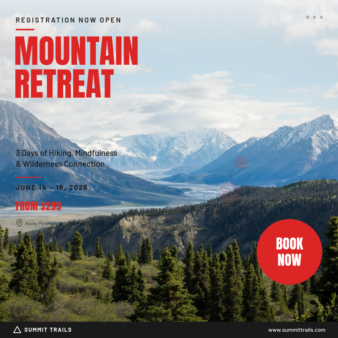 Bold Adventure Retreat Registration with Giant Condensed Headline and Red CTA Badge