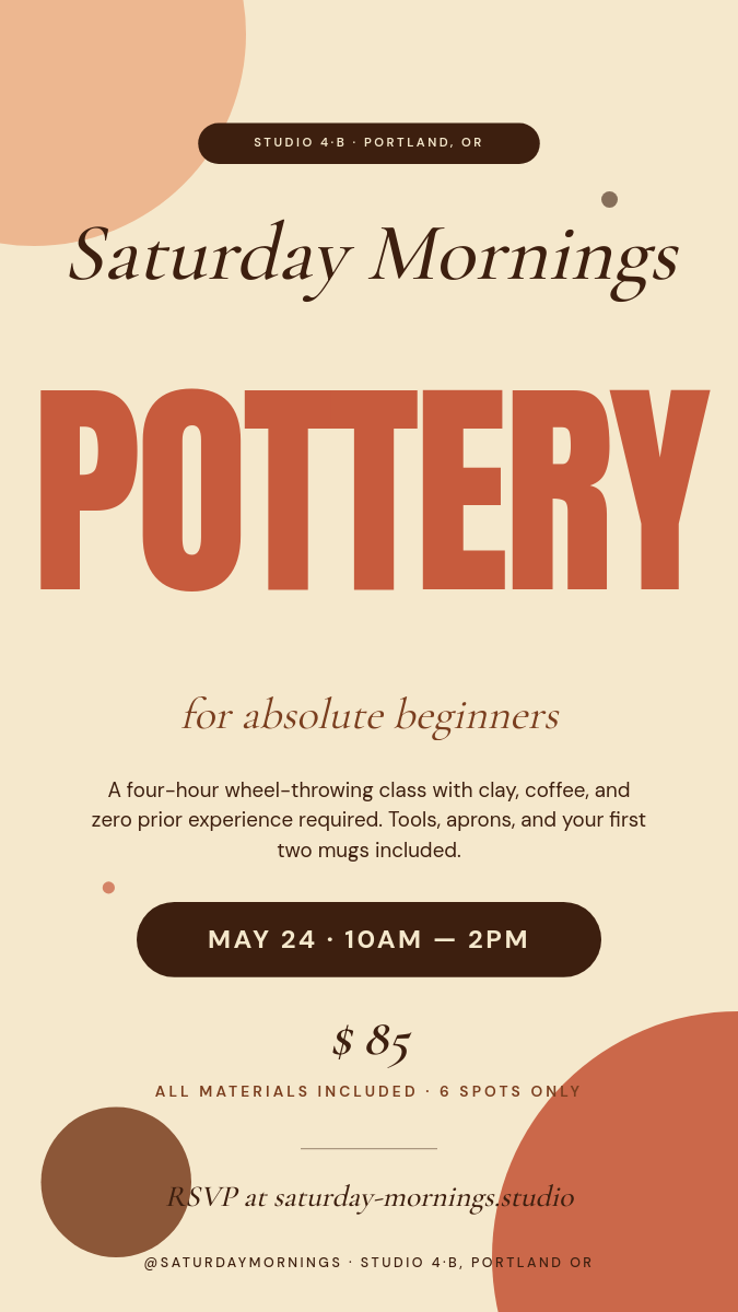 Warm Terracotta Cream Saturday Pottery Workshop Instagram Story with Giant Condensed Headline and Date Pill