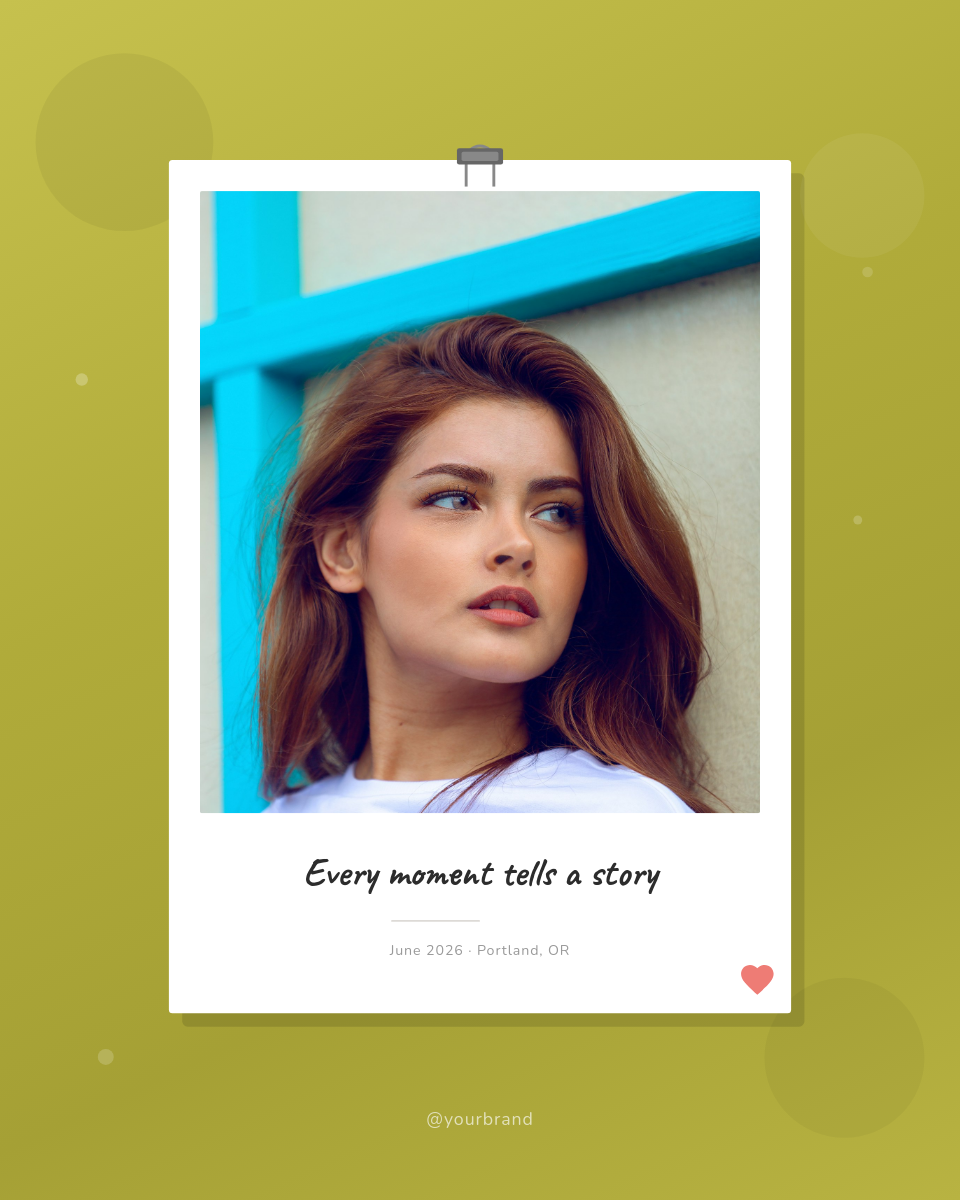 Retro Polaroid Photo Card on Olive Textured Background with Handwritten Caption