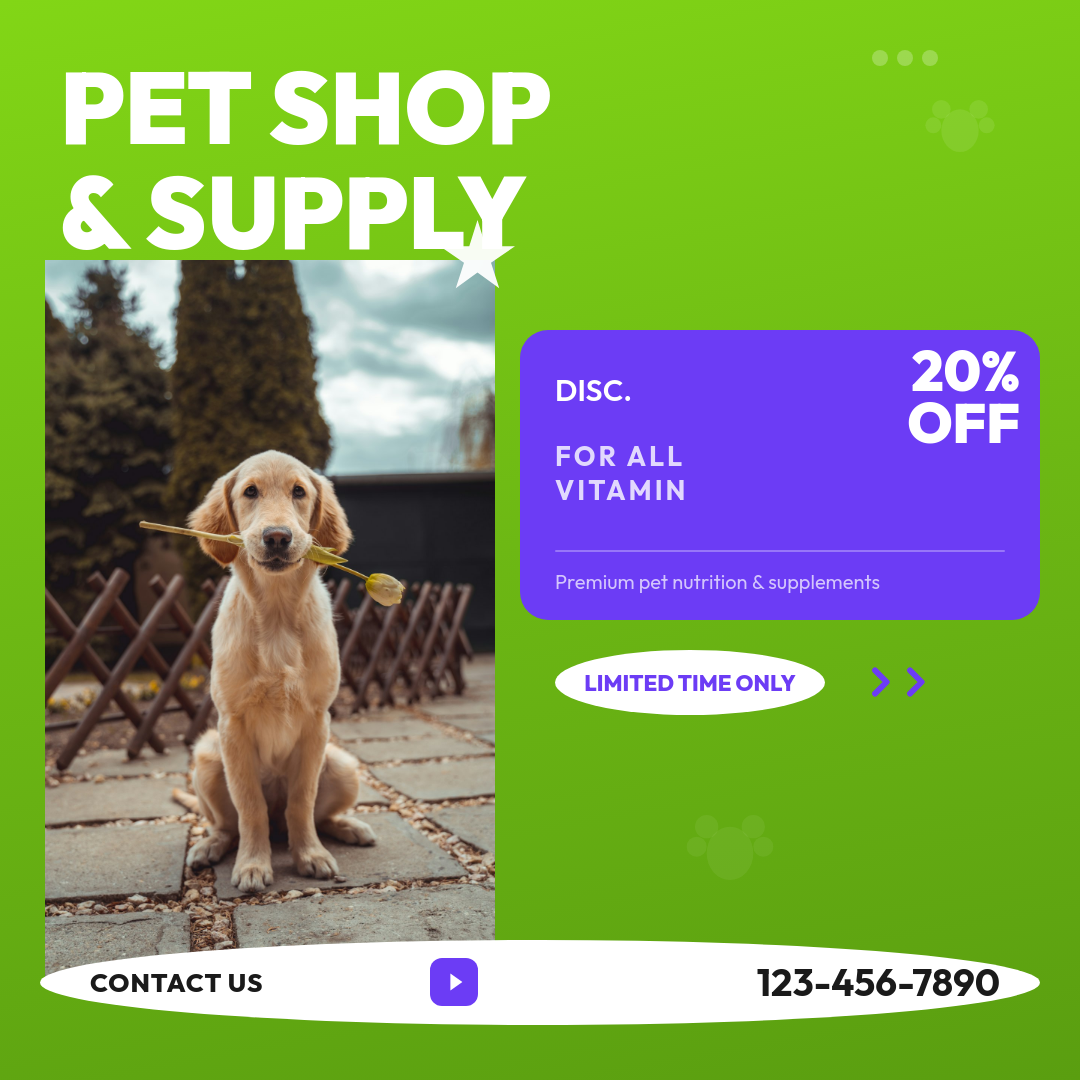 Vibrant Lime Green Pet Supply Store Sale with Purple Accent Card and Discount Badge