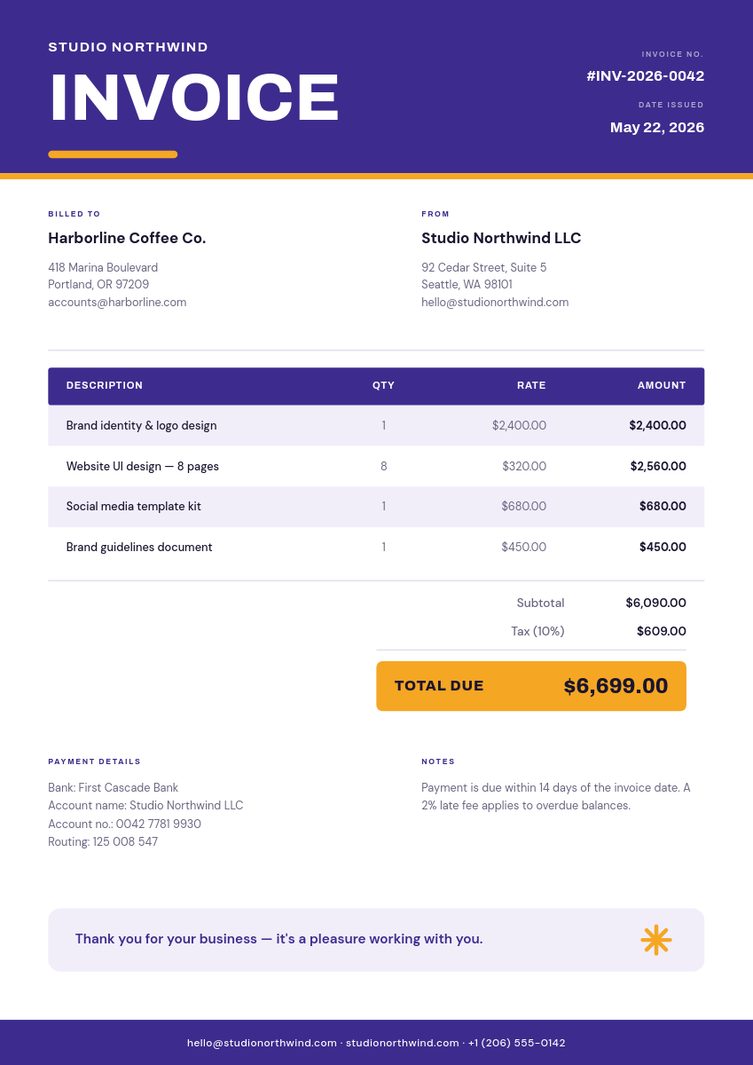 Bold Violet Modern Invoice with Itemized Line Items