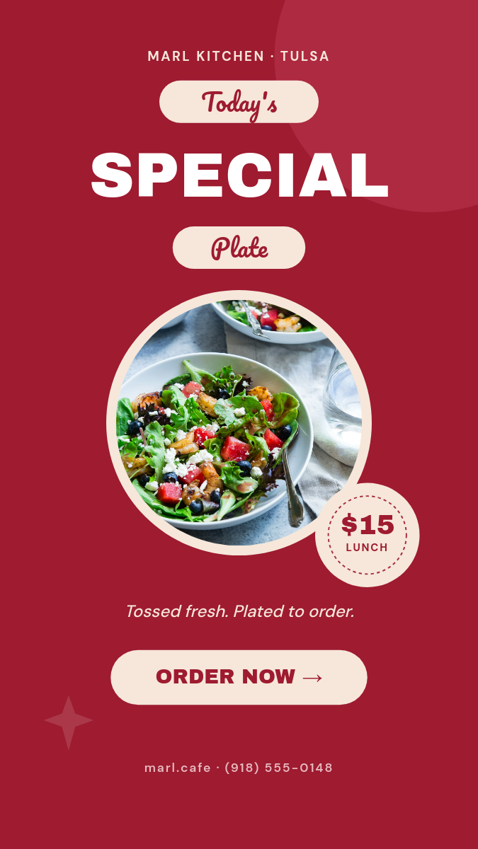 Crimson Script Daily-Special Food Story — Pacifico Pills, Circular Dish Photo & Cream Seal Badge