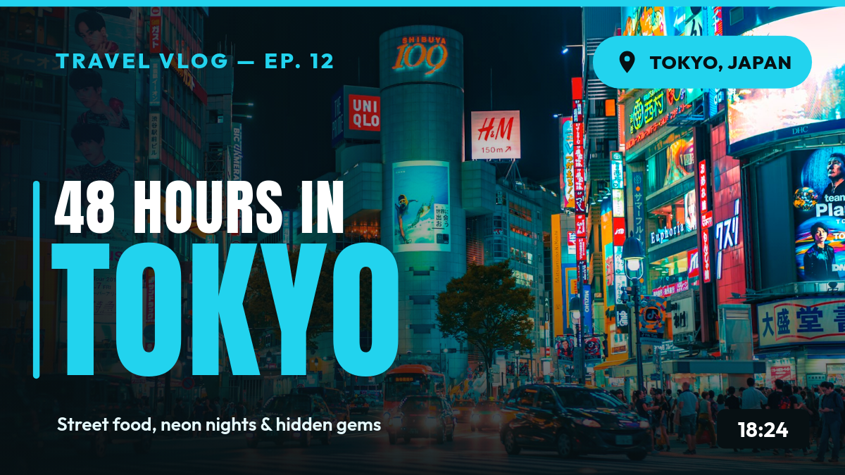 Tokyo Travel Vlog YouTube Thumbnail with Neon Cityscape