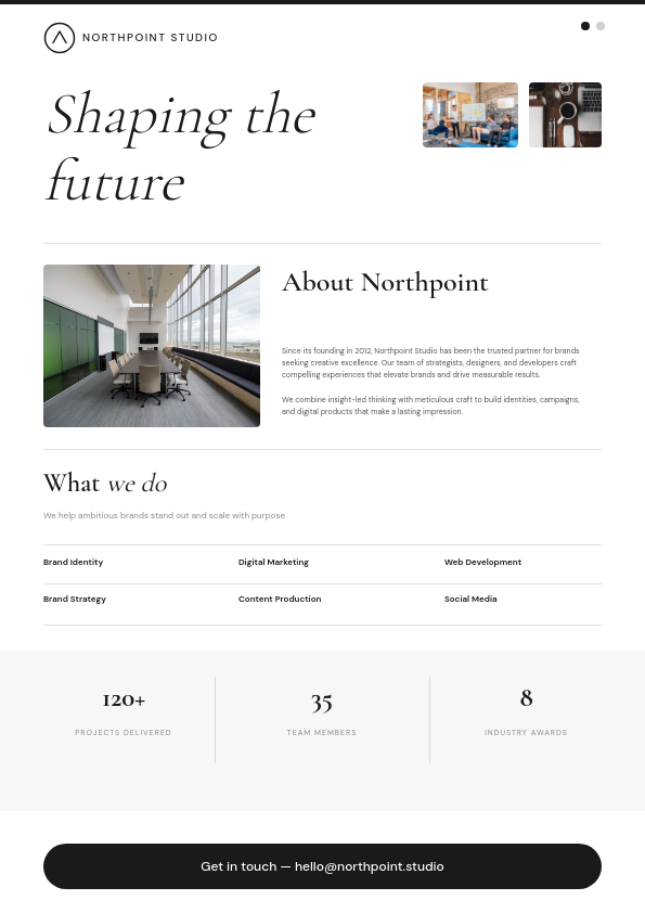 Clean White Company Profile Page with Serif Headline and Services Grid