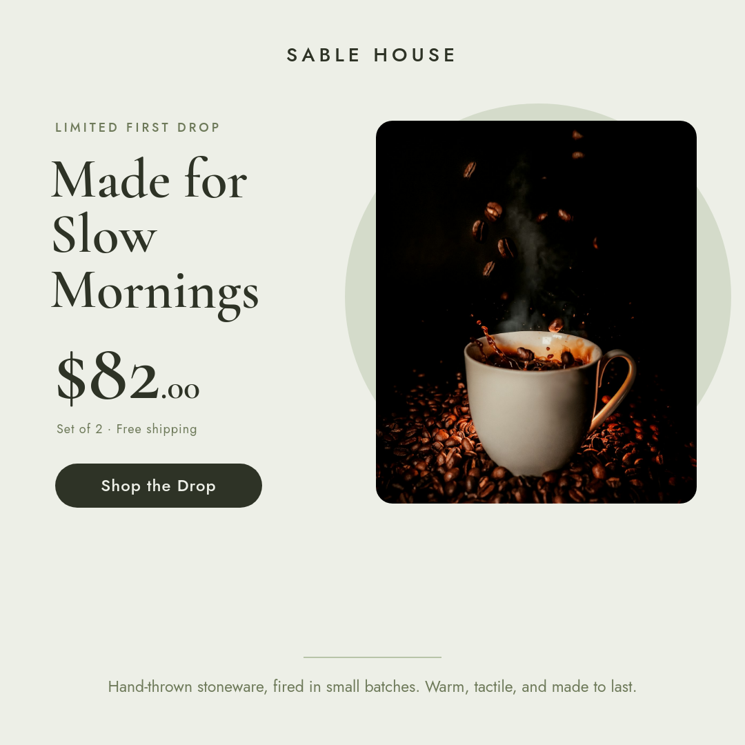 Minimalist Stoneware Mug Product Ad — Sage & Cream Drop