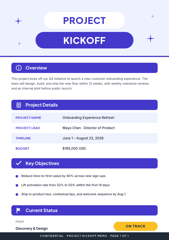 Indigo Pill Header Project Kickoff Memo with Lavender Details Table, Objective Bullets and Status Pill