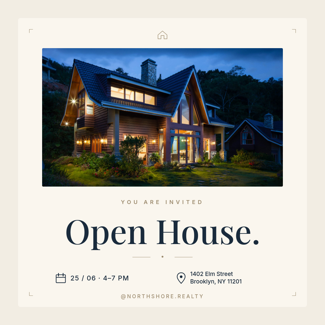 Editorial Cream Open House Invitation Instagram Post with Playfair Display Serif Headline and Calendar Location Icon Rows