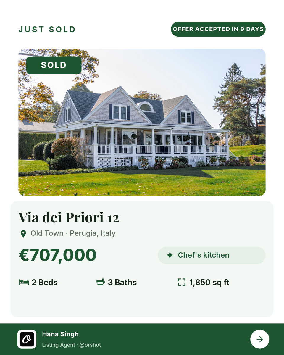White & Forest-Green Just Sold Listing — Playfair Address, Photo Hero, Spec Row & Agent Footer Bar