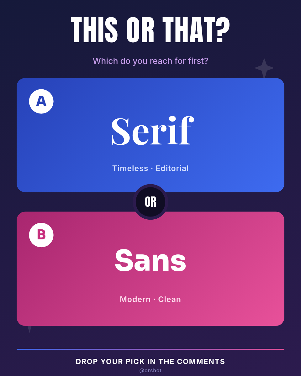 Navy & Magenta This-or-That Poll Card — Anton Caps, Blue/Pink Option Cards & Center OR Badge