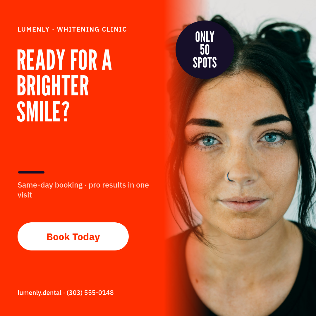 Bold Red Dental Whitening Ad — Question Hook & Spots Badge