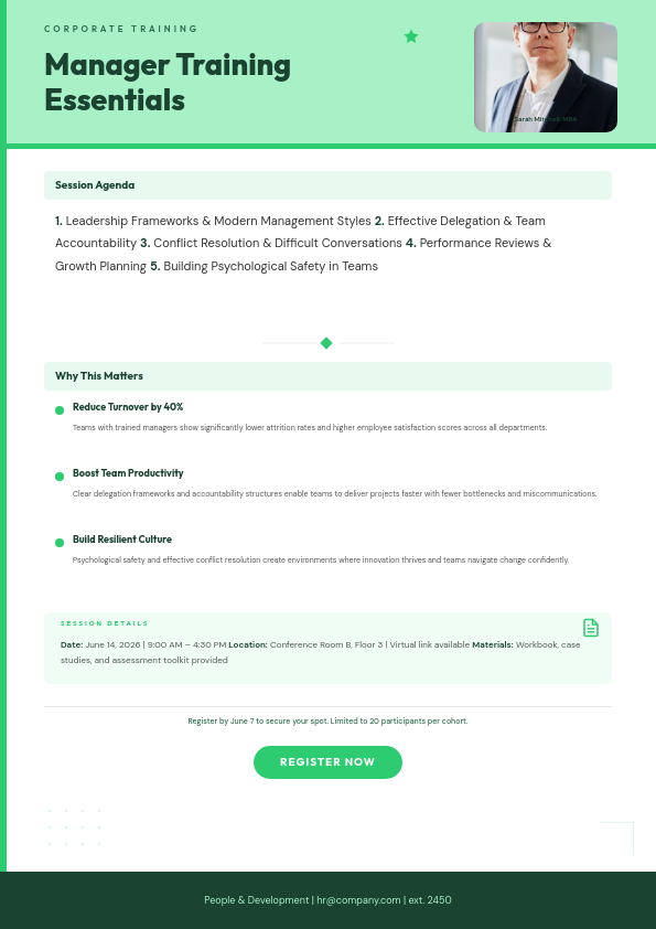 Mint Green Corporate Training Agenda with Instructor Photo and Structured Sections