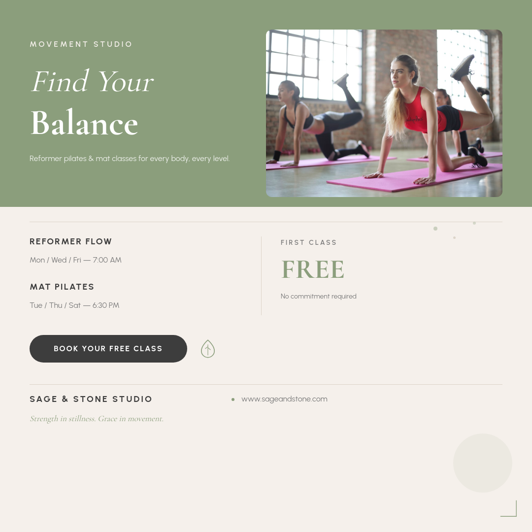 Elegant Sage Pilates Studio Class Promo with Serif Headline and Lifestyle Photo