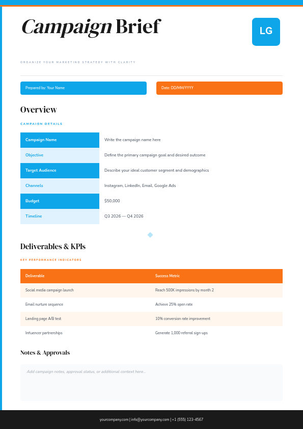 Colorful Marketing Campaign Brief with Teal Tables and Coral KPI Section