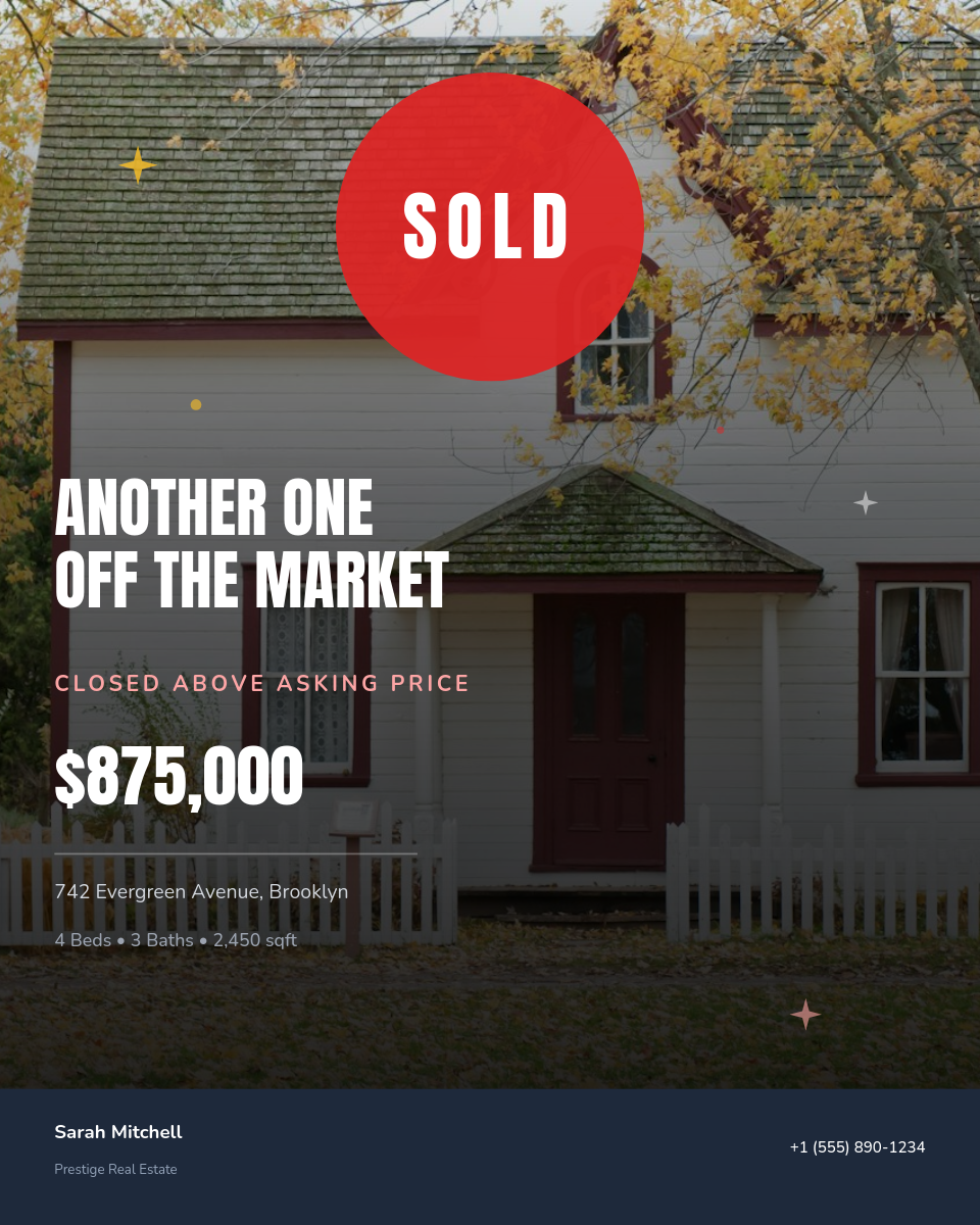 Bold Red Sold Stamp Celebration with Full-Bleed Property Photo and Star Accents