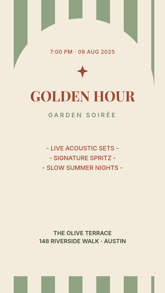 Sage & Cream Arch Event Invite Story — Striped Backdrop, Serif Headline & Detail List