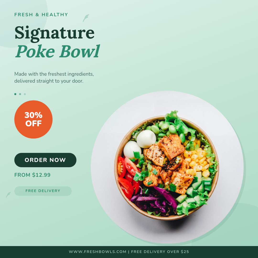 Fresh Mint Poke Bowl Delivery Ad with Hero Photo and Discount Badge on Teal Gradient