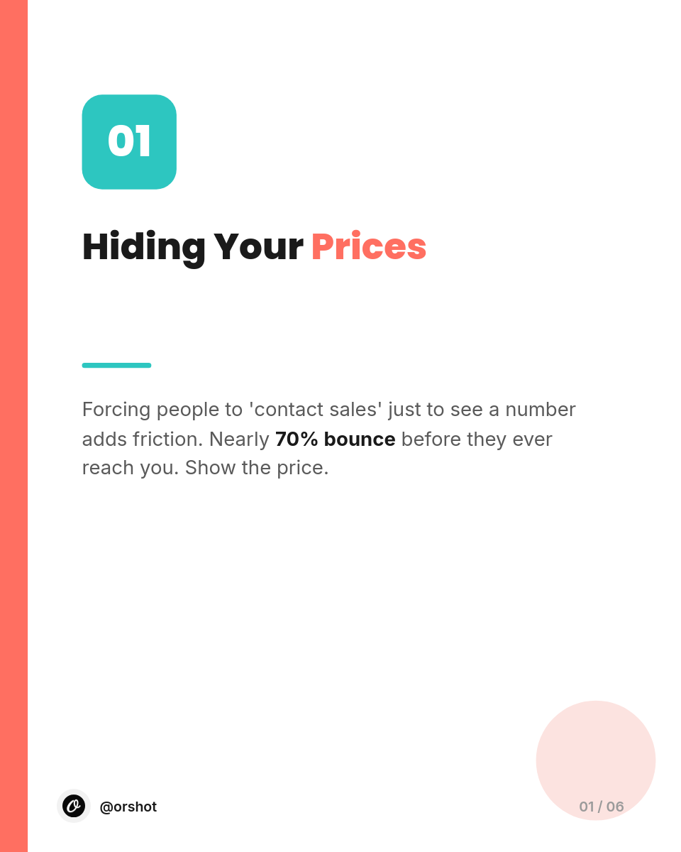Coral & Teal Pricing-Mistakes Listicle Carousel — Poppins Bold, White Color-Block & Number Badges - Page 2