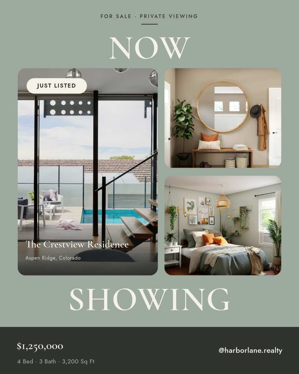 Sage Editorial Real Estate Listing Post with Three-Photo Collage