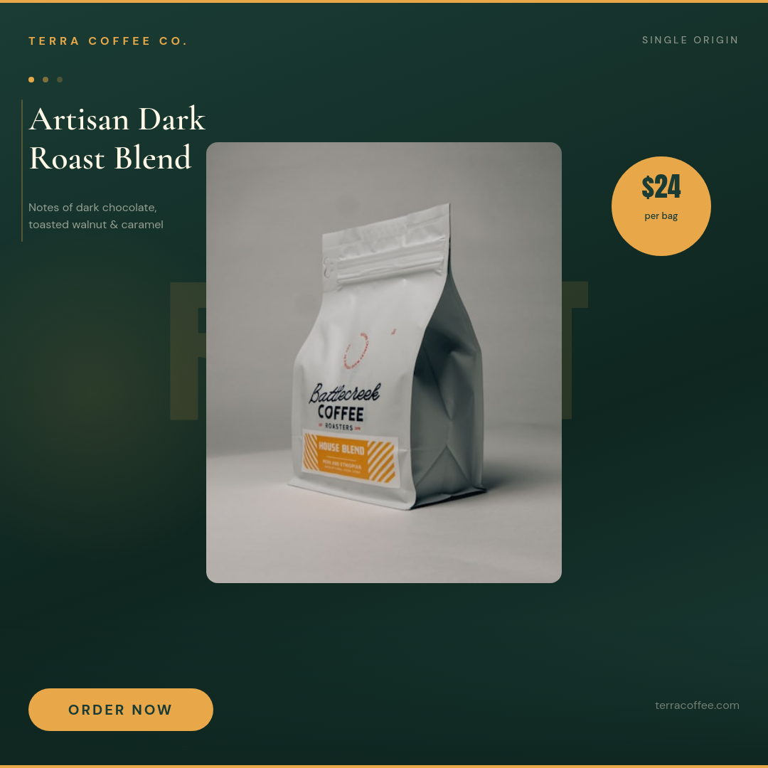 Deep Green Coffee Brand Ad with Giant Condensed Typography and Amber Accent Badge