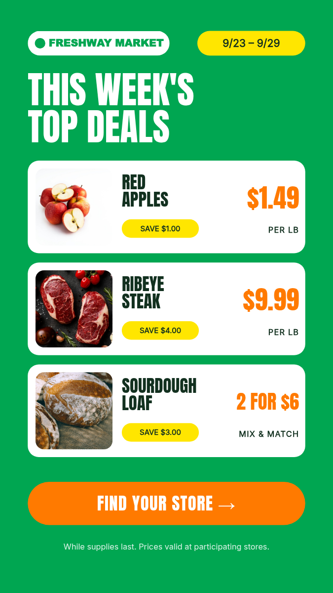Supermarket Weekly Ad Video 9:16 — Deals, Green & Orange